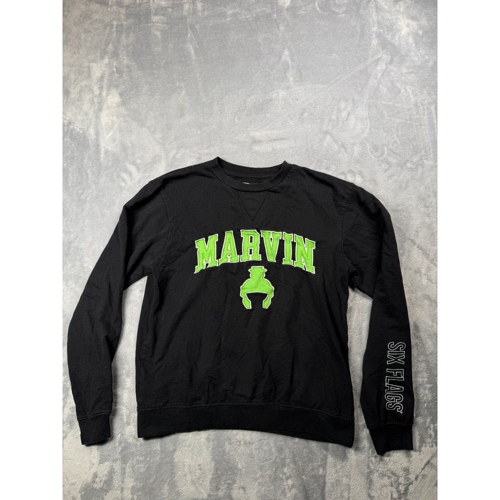 Looney Tunes Marvin Martian Sweatshirt Mens Small Black Graphic Six Flags